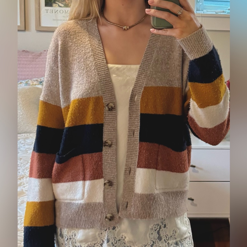 Madewell Striped Button-Front Cardigan In Neutral, Mustard, Navy & Dusty Pink